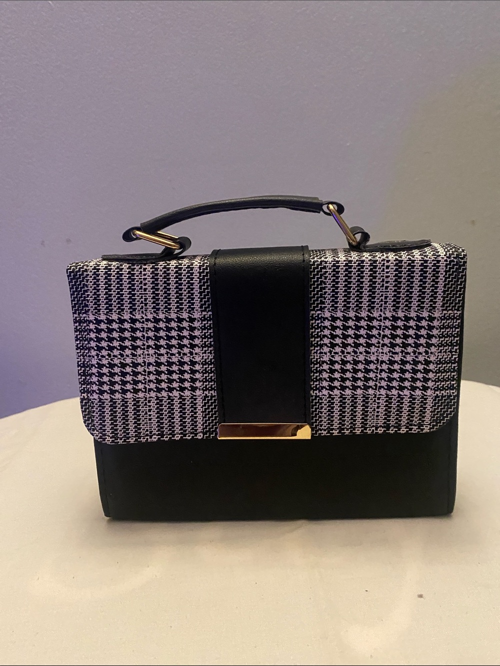 Black and White Houndstooth Top-Handle Satchel